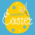 Illustration of yellow easter egg with willows on a blue background. Template for design for greeting cards, posters, banners.
