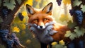 Illustration of a yellow fox and bunches of ripe grapes Royalty Free Stock Photo