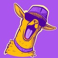 Illustration of a yellow and purple llama wearing sunglasses and a hiphop hat. Vector of a funky alpaca screaming Royalty Free Stock Photo