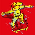 Cartoon of freestyle skater jumping on skateboard, red background