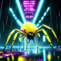 Illustration of a yellow spider on a dark background with neon lights AI generated