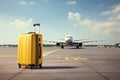 illustration of a yellow suitcase in the airport, airplane in the background. Generative AI