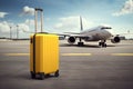 illustration of a yellow suitcase in the airport, airplane in the background. Generative AI