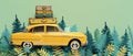 An illustration of a yellow vintage car with a pile of fallen suitcases on the roof. Winter tourism, travel, trip, flat