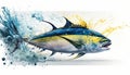 Yellowfin Tuna isolated in white with color water splash effect. AI Generated Royalty Free Stock Photo