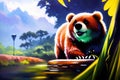 Illustration of an yong cute bear in a wild landscape. Colorful magic bear, cartoon style painting. Generative ai art illustration