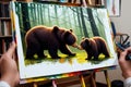 Illustration of an yong cute bear in a wild landscape. Colorful magic bear, cartoon style painting. Generative ai art illustration