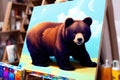 Illustration of an yong cute bear in a wild landscape. Colorful magic bear, cartoon style painting. Generative ai art illustration