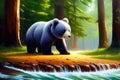 Illustration of an yong cute bear in a wild landscape. Colorful magic bear, cartoon style painting. Generative ai art illustration