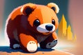 Illustration of an yong cute bear in a wild landscape. Colorful magic bear, cartoon style painting. Generative ai art illustration