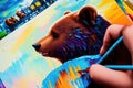 Illustration of an yong cute bear in a wild landscape. Colorful magic bear, cartoon style painting. Generative ai art illustration