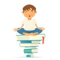 Illustration with yong yoga meditation boy siting on books