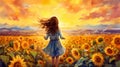 illustration of young beautiful woman walking by bright and vivid sunflower field at sunset, freedom and joy concept Royalty Free Stock Photo