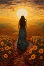 illustration of young beautiful woman walking by bright and vivid sunflower field at sunset, freedom and joy concept Royalty Free Stock Photo