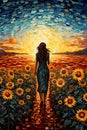 illustration of young beautiful woman walking by bright and vivid sunflower field at sunset, freedom and joy concept