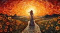 illustration of young beautiful woman walking by bright and vivid sunflower field at sunset, freedom and joy concept