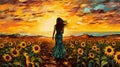 illustration of young beautiful woman walking by bright and vivid sunflower field at sunset, freedom and joy concept Royalty Free Stock Photo