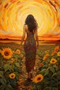 illustration of young beautiful woman walking by bright and vivid sunflower field at sunset, freedom and joy concept Royalty Free Stock Photo