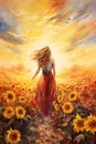 illustration of young beautiful woman walking by bright and vivid sunflower field at sunset, freedom and joy concept Royalty Free Stock Photo