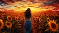 illustration of young beautiful woman walking by bright and vivid sunflower field at sunset, freedom and joy concept