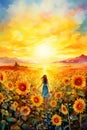 illustration of young beautiful woman walking by bright and vivid sunflower field at sunset, freedom and joy concept