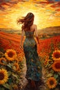 illustration of young beautiful woman walking by bright and vivid sunflower field at sunset, freedom and joy concept Royalty Free Stock Photo