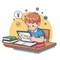 Illustration of a young boy in a blue shirt sitting at a desk, engrossed in a tablet Royalty Free Stock Photo