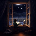 Illustration of a young boy sitting at an open window at night reading a book