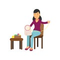 Illustration of young brunette woman sitting on the chair and embroidering on the canvas. Needlework concept. Vector