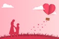 Illustration Young couple dating in Valentine day , Man kneeling to propose married to woman. Paper Heart shape balloon floating