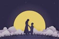 Illustration Young couple dating in Valentine day , Man kneeling to propose married to woman at night with full moon and cloud , Royalty Free Stock Photo