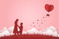 Illustration Young couple dating in Valentine day , Man kneeling to propose married to woman. Paper Heart shape balloon floating