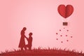 Illustration Young couple dating in Valentine day , Man kneeling to propose married to woman. Paper Heart shape balloon floating