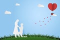 Illustration Young couple dating in Valentine day , Man kneeling to propose married to woman. Paper Heart shape balloon floating