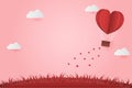 Illustration Young couple dating in Valentine day . Paper Heart shape balloon floating in the sky . Paper Sculpture art Style ,