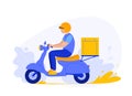 Illustration of young courier delivering parcels using motorbike