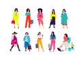 Illustration of a young fashionable girls. Vector. Women shoppers and shopaholics. Ordinary girls with phones isolated on a white