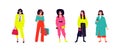 Illustration of a young fashionable girls. Vector. Women shoppers and shopaholics. Ordinary girls with phones posing. Flat style.