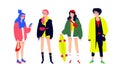 Illustration of a young fashionable people. Vector. Girls and boys in fashionable modern clothes. Generation of Melinials and Hips