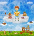 Illustration of young ginger boy reading a book on cloud , Royalty Free Stock Photo