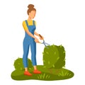 Illustration of young girl cuting bush.