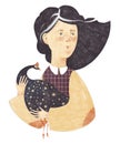Illustration Of A Young Girl With Freckles Holding A Bird. Female In A Shirt With Patches And Plaid Vest. Vintage