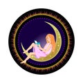 Illustration of a young girl reading book at night. Fantasy round  decoration with moon. Template for t-shirt, badge, sticker, Royalty Free Stock Photo