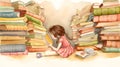 Illustration of a young girl reading a book surrounded by stacks of books