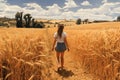 Young girl walking on wheat field. Generative AI