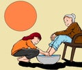 The illustration of a young girl washing her mother\'s feet as proof of affection