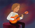 Illustration of a young guy playing the guitar. Guitarist on a dark abstract background, concert, performance