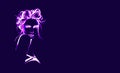 Illustration of a young lady`s face, hair, head silhouette in purple on black background. Computer generated sketch / drawing.