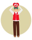 Illustration, a young male volunteer in a red vest and a heart in his hands. The concept of humanitarian aid. Poster, clip art Royalty Free Stock Photo