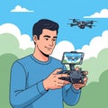 Illustration of a young man in a blue sweater operating a drone controller. A smartphon Royalty Free Stock Photo